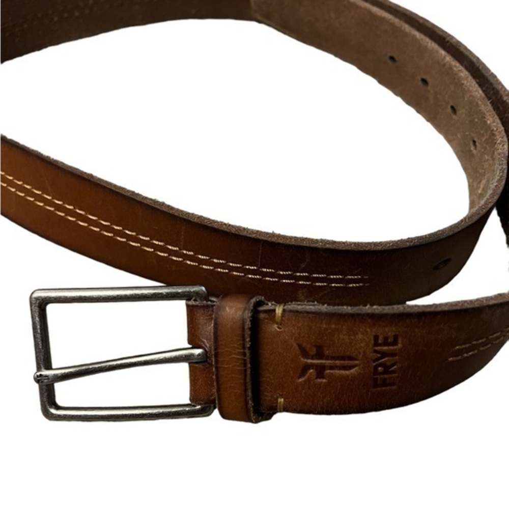 FRYE 45”x1.5” Brown Leather Topstitched Belt w/ Matte Silver Buckle